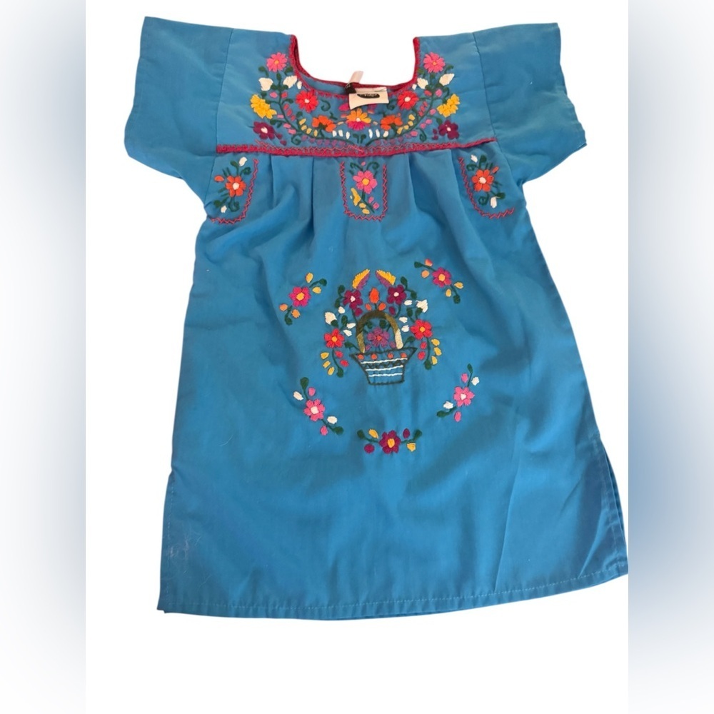 Kids Blue Embroidered Dress with Floral Design